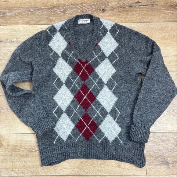 VTG Parkhurst Argyle V-Neck Sweater Gray White Maroon 100% Shetland Wool Canada - Picture 12 of 13